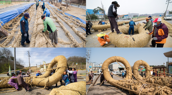 Side rope twisting, dismantling the rope frame, and forming the rope head. Photo by Gijisi Tug-of-War Preservation Society.