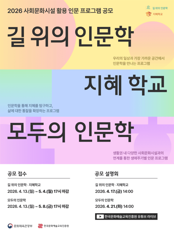 ‘2026년 사회문화시설 활용 인문 프로그램 운영 사업’ 공모 포스터. 사진=문화체육관광부