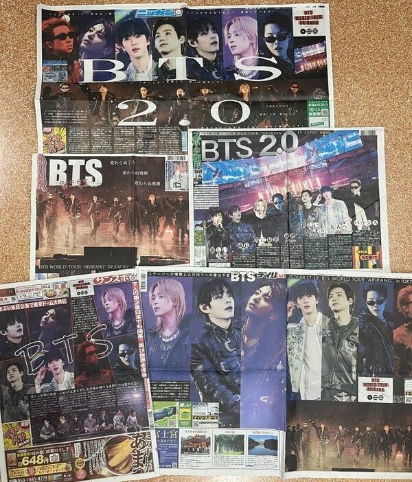 日本の5大スポーツ紙（日刊スポーツ、スポーツニッポン、スポーツ報知、サンケイスポーツ、デイリースポーツ）が1面でBTSの「WORLD TOUR ‘ARIRANG’ IN TOKYO」公演を大きく報じた。写真=ビッグヒットミュージック