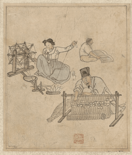 A mother spins thread using a spinning wheel. 'Weaving Mat,' from Danwon Genre Paintings. Photo by National Museum of Korea.