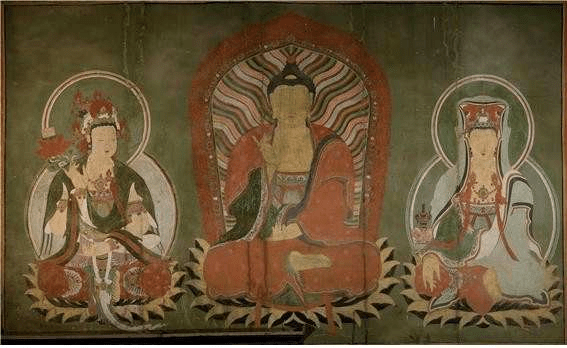 부산 범어사 대웅전 벽화 아미타여래삼존도. 사진=국가유산청