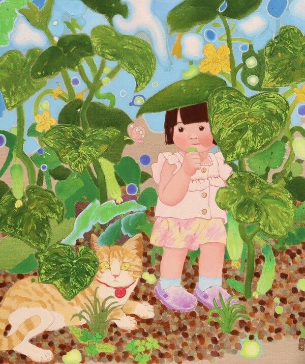 오이밭에서, 72.7x60.6cm, 리넨에 아크릴채색, 2023
