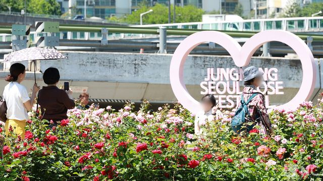 제18회 중랑 서울장미축제 개막을 하루 앞둔 14일 서울 중랑구 수림대공원에서 시민들이 장미터널을 산책하고 있다. 사진=김규빈 기자
