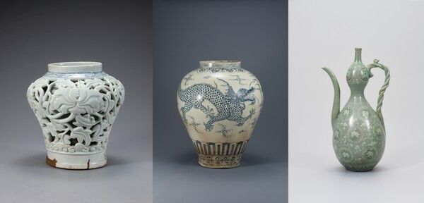 White Porcelain Jar with Openwork Peony Design, White Porcelain Jar with Cobalt-Blue Cloud and Dragon Design, and Celadon Gourd-Shaped Ewer with Inlaid Peony, Cloud, and Crane Patterns. Photo by National Museum of Korea.