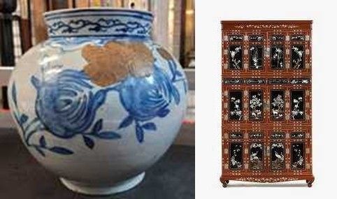 (Left) Blue-and-white citron-patterned jar, exhibited at the 1900 Paris Exposition / (Right) Kim Jin-gap, Red Lacquer Mother-of-Pearl Three-Tier Cabinet, 1930s