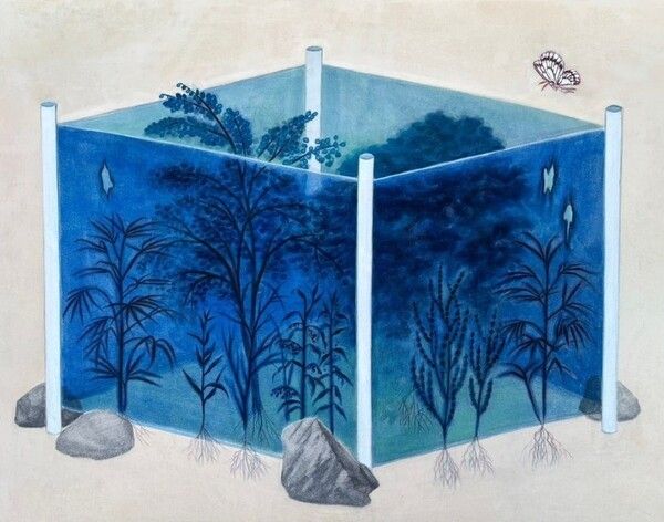 한혜수_푸른 사각 Four blue frames_광목에 석채, 연필, 은박, Mineral pigments, Pencil, Silver leaf on cotton_72.7×90cm_2026