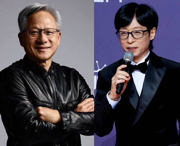 Jensen Huang and Yoo Jae-suk. Photo by CJ ENM, News Culture DB.