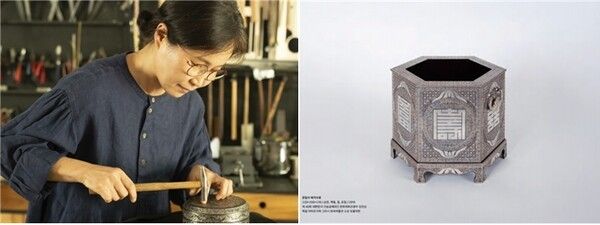 입사장 전승교육사 신선이 씨와 그가 재현한 유물 ‘은입사 육각수로’(독일 라이프치히 그라시 민속박물관 소장 유물). 사진=서울시