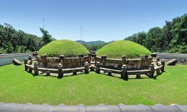 The curved stone enclosure of Gangneung. Photo courtesy of the Royal Palaces and Tombs Center, Korea Heritage Service.