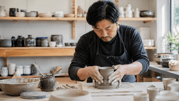 작업실 선반 위 도기와 흙 묻은 도구 사이에서 작가가 기물을 성형 중이다. 수작업의 시간성과 제작 환경은 K-공예 산업화 논의의 출발점으로 읽힌다. 사진=AI 생성 이미지