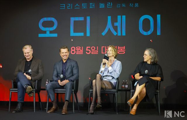 크리스토퍼 놀란 감독, 배우 맷 데이먼, 샤를리즈 테론, 엠마 토마스 프로듀서. 사진=김규빈 기자