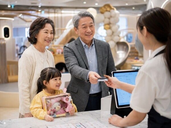 60대 조부모가 손녀와 키즈카페 계산대에서 카드 결제를 하고 있다. 손주를 위한 체험·놀이 소비가 늘며 조부모 세대의 지출 비중도 커지고 있다. 사진=AI 생성 이미지