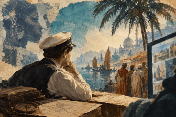 A traveler looks out over a desert port. Photo generated with AI