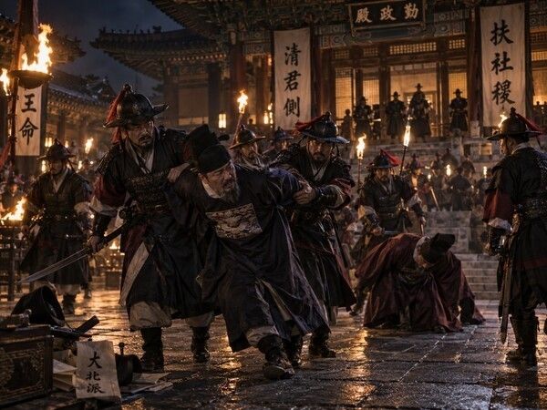 A reconstructed image depicting the turmoil inside the palace immediately after the Injo Restoration of 1623, when officials aligned with the Daebuk faction were arrested. This AI-generated reconstruction was created to aid understanding of the article. Photo courtesy of AI-generated image