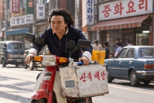 과거 중국음식 배달원이 붉은 오토바이 앞쪽에 알루미늄 철가방을 달고 달리는 모습을 재현했다. ‘신속배달’을 내건 철가방과 오토바이는 짜장면이 대표적인 배달 음식으로 대중화된 시대를 상징한다. 사진=AI 제작 이미지