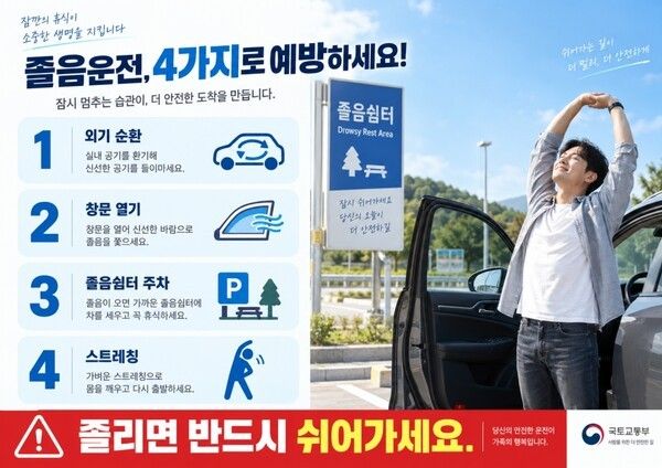 졸음운전 예방을 위한 4대 행동수칙 안내 이미지. 외기 순환, 창문 열기, 졸음쉼터 주차, 스트레칭 등 장거리 운전 중 졸음을 예방하기 위한 실천 요령을 담았다. 사진=AI 제작 이미지