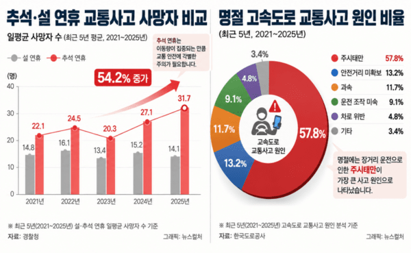 최근 5년 설·추석 연휴의 일평균 교통사고 사망자 수와 최근 5년 명절 고속도로 교통사고 원인을 분석한 그래픽. 사진=AI 제작 이미지