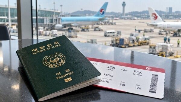 Staged image of a South Korean passport with a flight ticket to China. Photo courtesy of AI-generated image