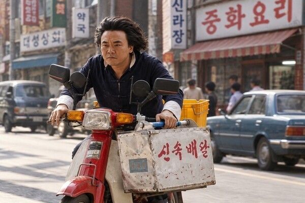 A recreation of a Chinese-food courier carrying an aluminum delivery box on a motorcycle, an image closely associated with Korea’s restaurant-delivery culture from the late 20th century. Photo courtesy of AI-generated image