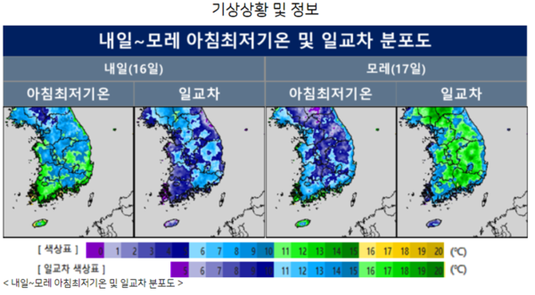 16일 월요일 내일날씨예보 (기상청 제공)
