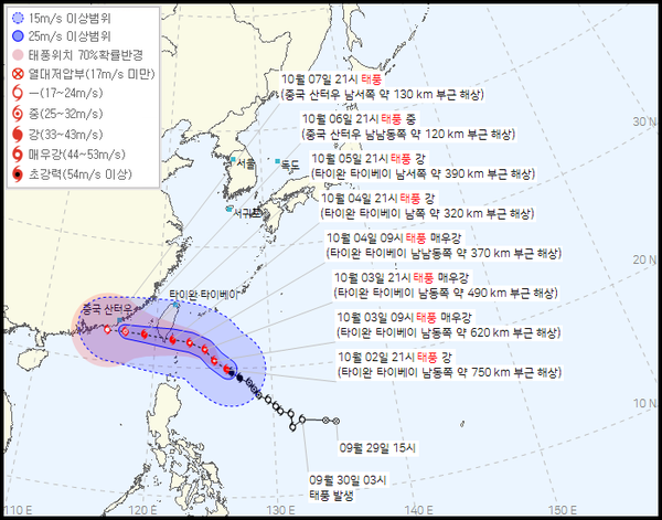 2023년 14호 태풍 고이누 현재위치, 예상경로 (기상청 제공)