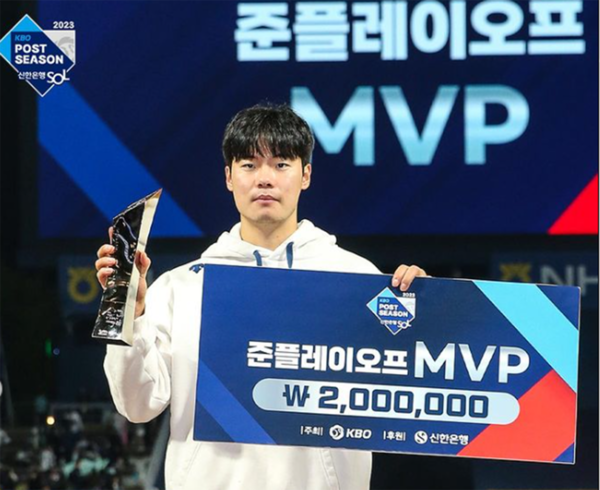 이번 준플레이오프 시리즈 MVP는NC 다이노스의 김영규 선수다!김영규 선수는 3경기 1승 2홀드 3⅔이닝 평균자책점 0.00 1탈삼진의 맹활약을 펼치며팀을 플레이오프로 이끄는 중요한 역할을 했다. (KBO)