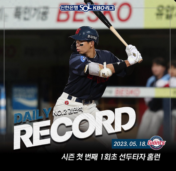 5월 18일 목요일, 롯데 자이언츠 김민석 선수가 KBO 리그 시즌 첫 1회초 선두타자 홈런을 달성했다 (출처=KBO)
