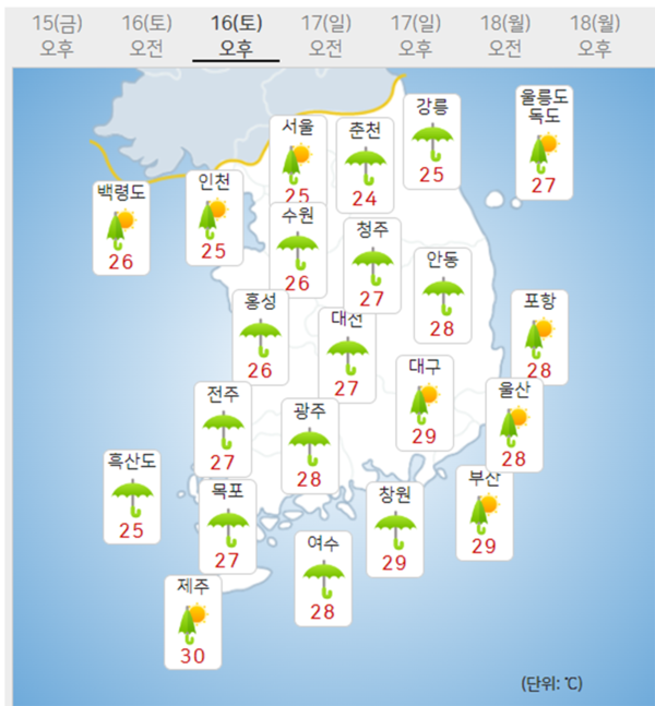 16일 토요일 날씨예보 (기상청 제공)