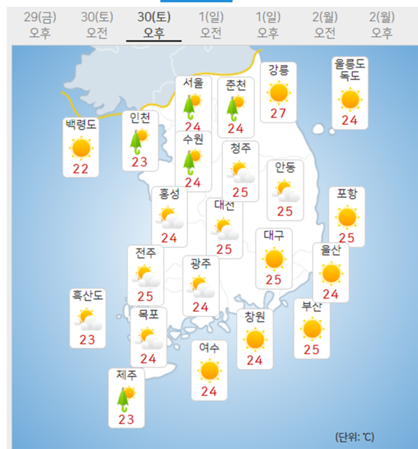 30일 토요일 날씨예보 (기상청 제공)