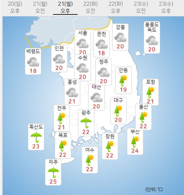 21일 월요일 날씨예보 (사진=기상청 제공)