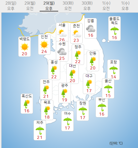 29일 월요일 날씨 (기상청 제공)