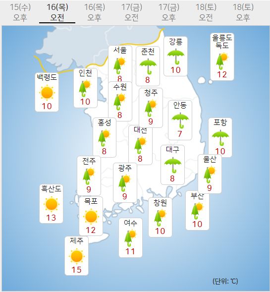 16일 날씨예보 (기상청 제공)