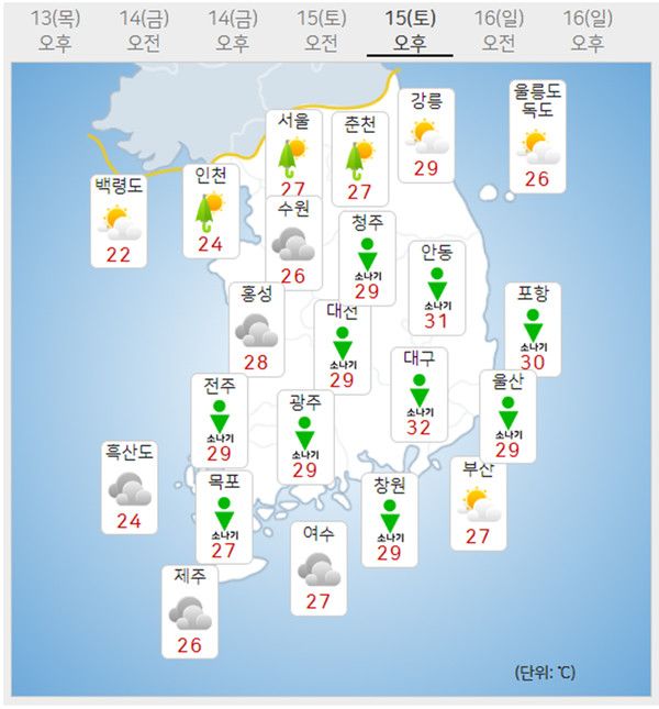 15일 토요일 날씨예보 (기상청 제공)