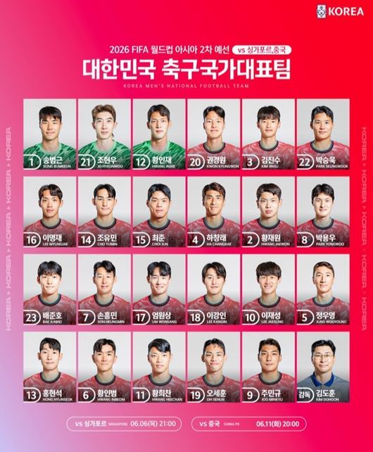 한국 싱가포르 중계, 선발 라인업 명단(사진=KFA 제공)