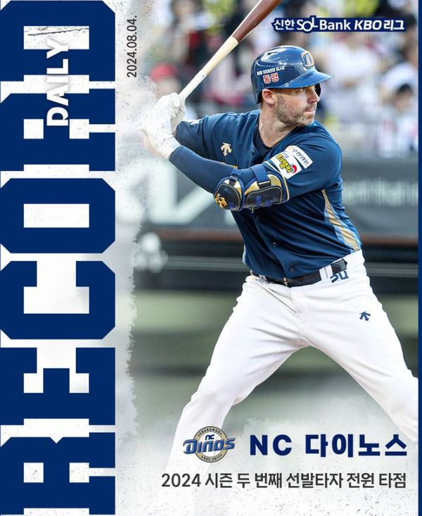 8월 4일 일요일, NC 다이노스가2024 시즌 두 번째 선발타자 전원 타점을 기록했다!(사진출처=KBO)