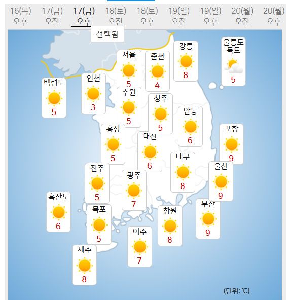 17일 날씨예보 (사진=기상청 제공)