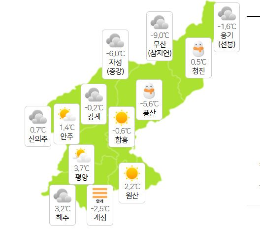 22일 북한날씨 (사진=기상청 제공)