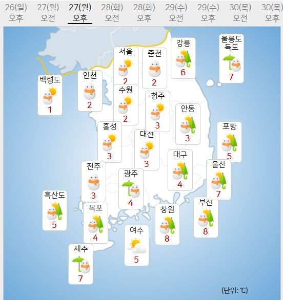 27일 날씨예보 (사진=기상청 제공)