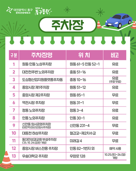 대전 동구동락 축제 2025 가수 라인업 주차 기본정보 (사진=대전 동구동락 축제 2025)