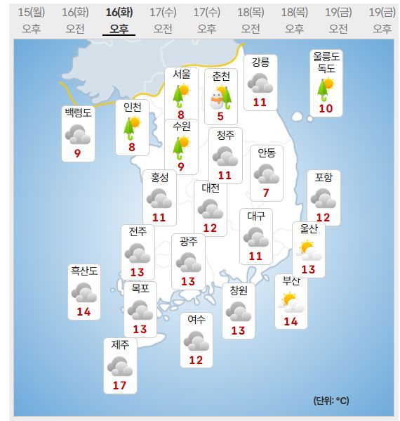 16일 날씨 (사진=기상청 제공)