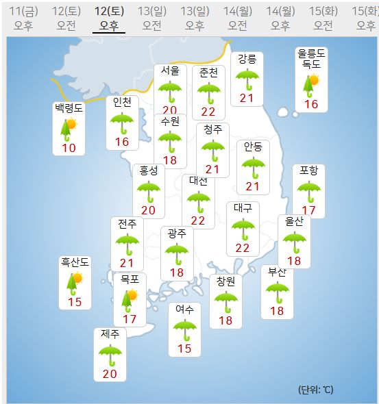 12일 토요일 날씨 (사진=기상청 제공)