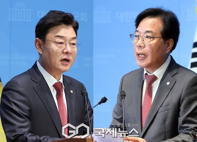 ▲국민의힘 원내대표 선거에 출사표를 던진 3선의 김성원 의원과 송언석 의원/국제뉴스DB