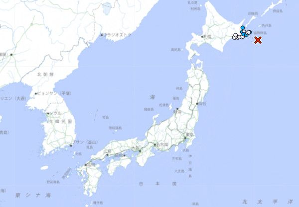 22일 새벽 6시 25분 일본 홋카이도 네무로 반도 남동쪽 바다에서 규모 5.3 지진이 발생, 위치는 위도 42.8N 경도 146.6E이며, 깊이는 20km이다.&nbsp; (사진=일본기상청)