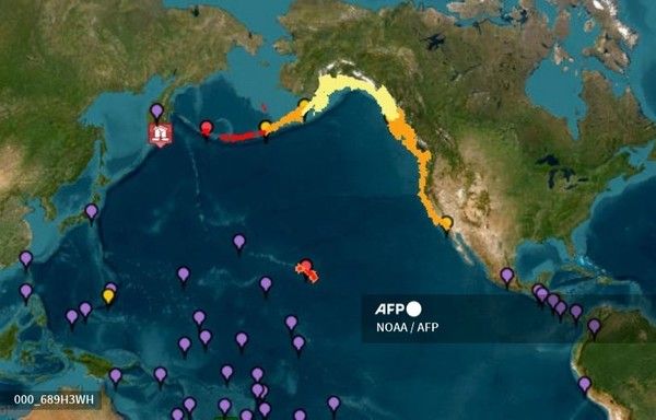 미국 국립해양대기청(NOAA) 쓰나미 경보 시스템에서 제공한 것으로, 2025년 7월 30일 러시아 극동부에서 발생한 규모 8.7의 지진 이후 쓰나미 경보(빨간), 주의보(주황색), 주의보(노란색), 위협(보라색)이 발령됐다. 사진제공/AFP통신