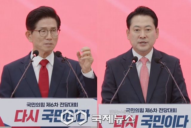 ▲김문수·장동혁 국민의힘 당대표 후보는 22일 오후&nbsp;충북 청주 오스코에서 열린 제6차 전당대회에서 당대표 선거 결선 진출을 확정한 후 기자회견을 하고 있다./사진=이용우 기자