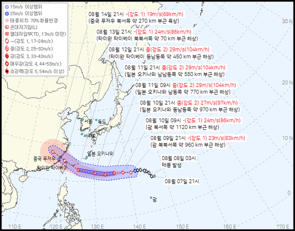 제11호 태풍 버들(PODUL) 예상경로, 북한에서 제출한 이름으로 버드나무를 의미함. (사진=기상청 제공)