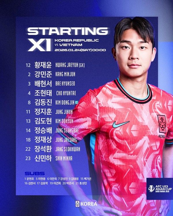 2026 U-23 아시안컵 한국 베트남전 선발명단 라인업 (사진=대한축구협회)