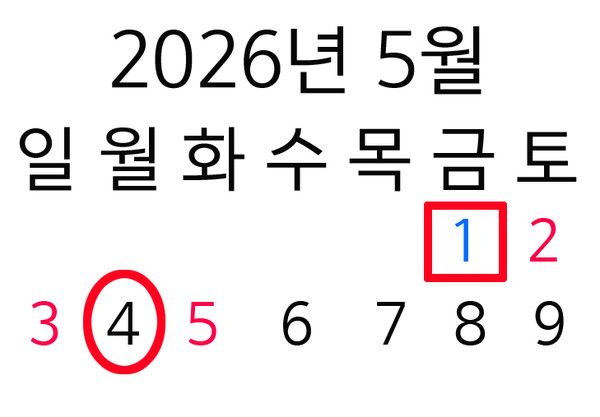 2026년 5월 달력, 5월1일 근로자의날→노동절 공휴일 지정 (사진=국제뉴스DB)