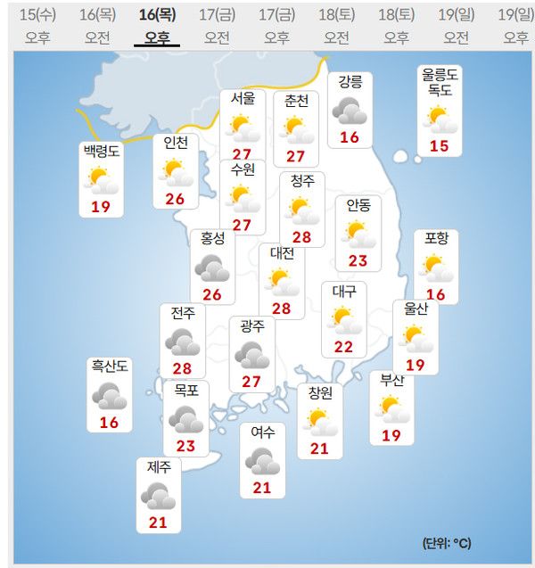 16일 목요일 날씨 (사진=기상청 제공)