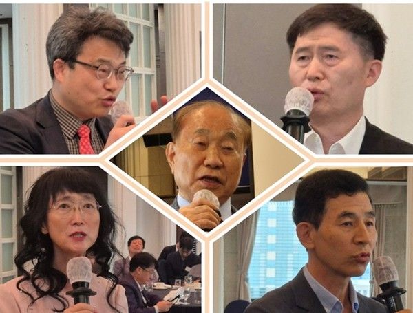 (사진제공=미래경제문화포럼) 질의를 하고 있는 차홍선 케미컬에너지투자자문(주) 대표이사(좌상), 이성애 힐링터치커뮤니티 대표/목사(좌하), 조홍균 고려대 교수(우상), 정병규 경기대 교수(우하), 강석진 강석진 CEO 컨설팅그룹 회장(가운데)